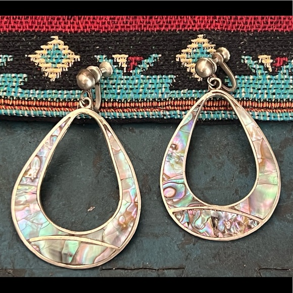 Vintage, Mexico Sterling Silver Abalone Earrings - Picture 2 of 7